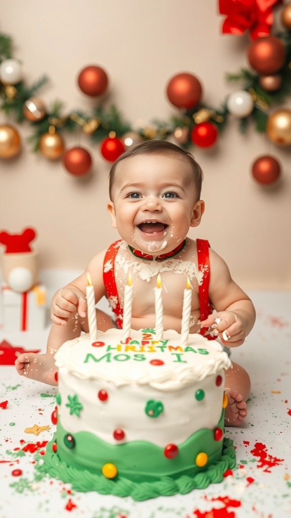 Christmas-Themed Cake Smash for a Boy A baby boy joyfully smashing a Christmas-themed cake, surrounded by festive decorations.